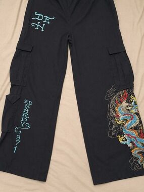Hardy Black Dragon Cargo Pants Size Large Y2K Streetwear Tattoo Graphic Baggy